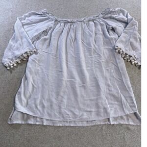 Ellen Tracy Off Shoulder Top Women Medium Blue White Striped Pom Pom Excellent